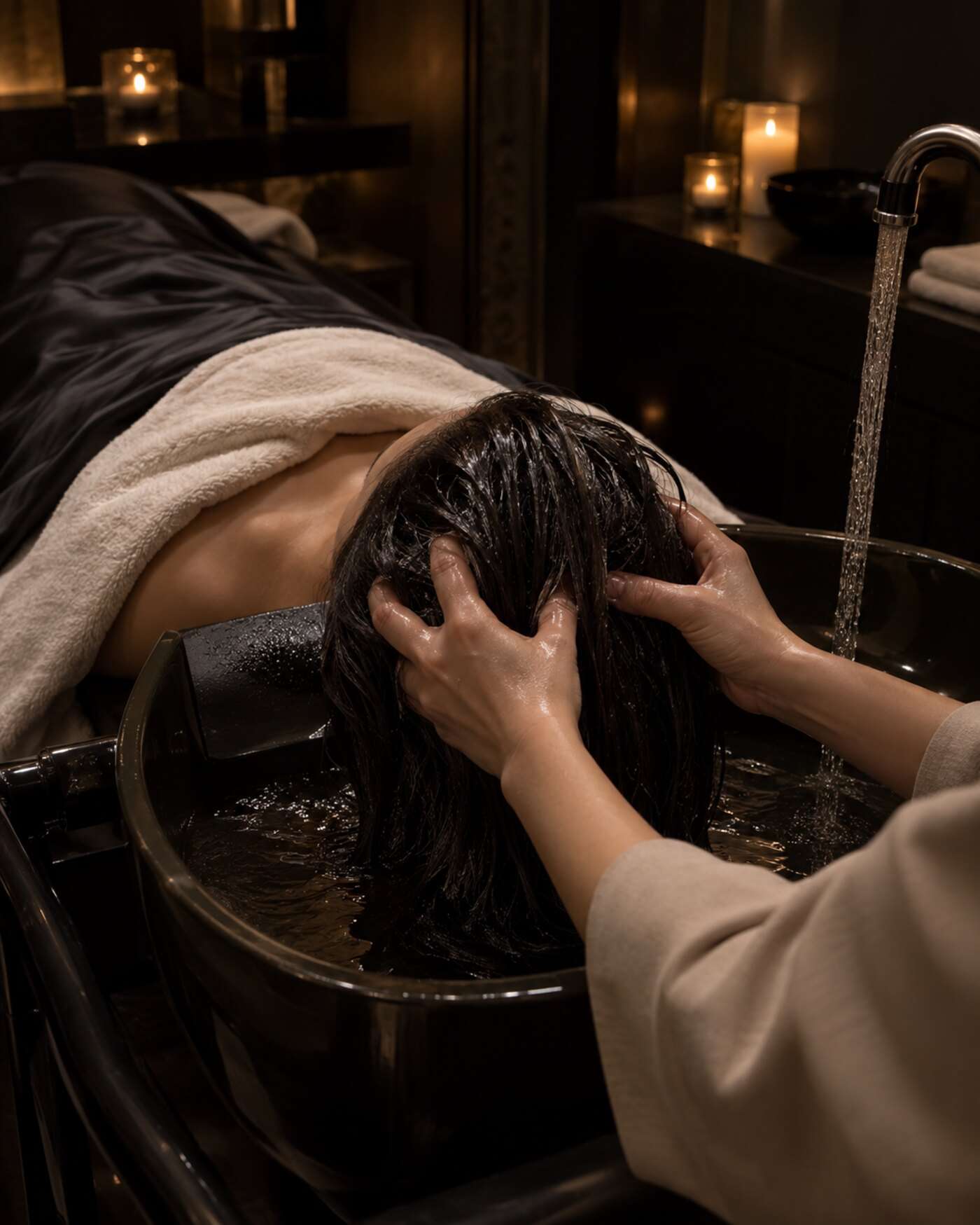 Stanowisko Head SPA w półmroku, przy świecach